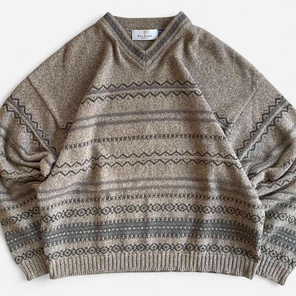 Vintage Bill Blass Tan Brown Knit Cotton Acrylic Chunky Grandpa V-Neck Sweater